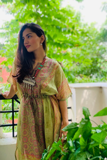 Pastel Green and Pink Printed Cotton Kaftan