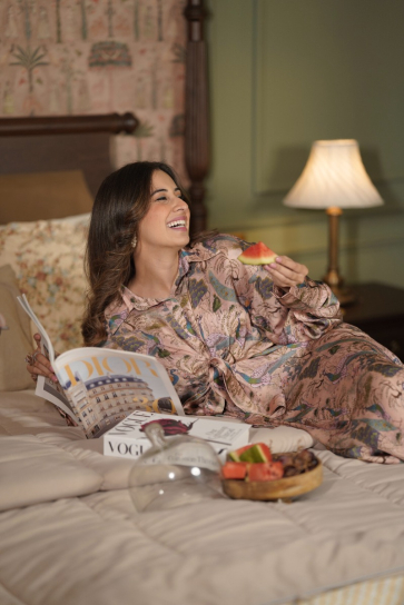 The Boozy Button Jasmin Des Anges Pink Satin Silk Long Kaftan