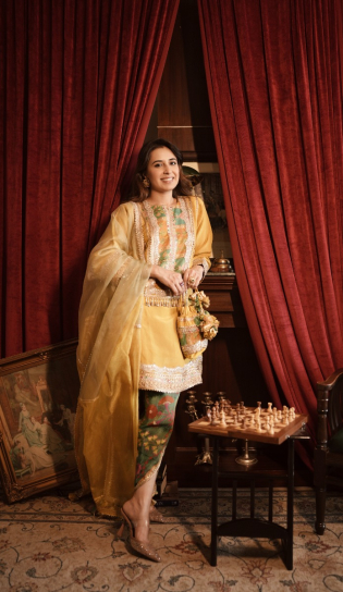 The Boozy Button Bagh Yellow Cotton Silk Kurti Pant Dupatta