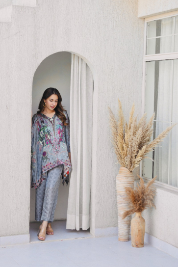 the boozy button cold brew grey silk top and pant coords Plus Size