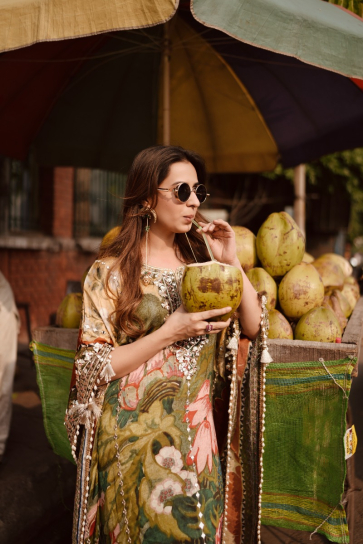 The Boozy Button Street Side Nariyal Green Cotton Silk Kaftan