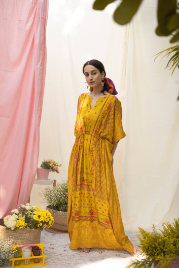 The Boozy Button Banarasi Yellow Satin Silk Long Kaftan
