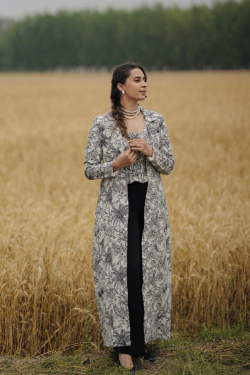 The Boozy Button Diana Black Handloom Natural Coat And Corset Co Ord Set plus Size