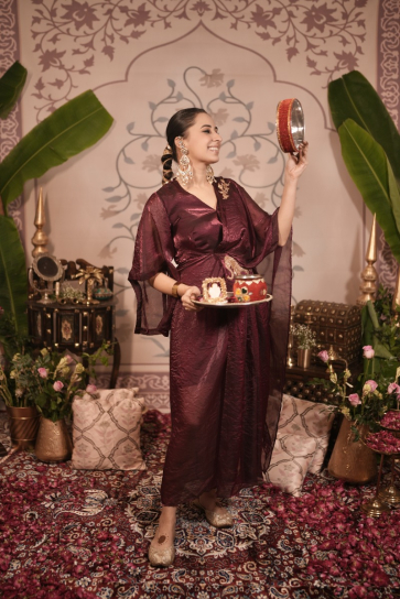 The boozy button haathi red tissue silk gown saree dress