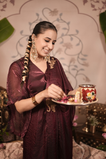 The boozy button haathi red tissue silk gown saree dress