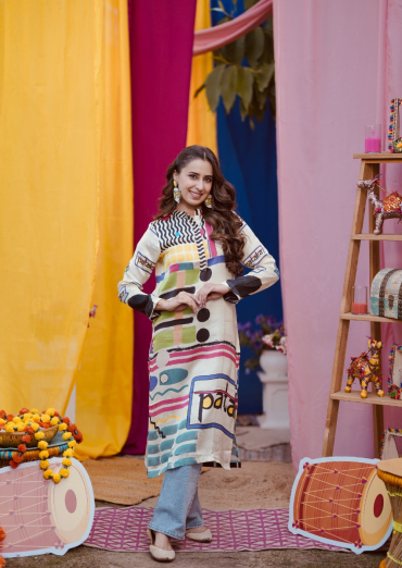 The Boozy Button Pataka Cream Cotton Silk Long Kurta Plus Size