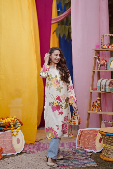 The Boozy Button Sis Cream Cotton Silk Long Kurta Plus Size