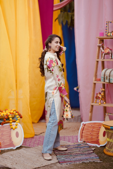 The Boozy Button Sis Cream Cotton Silk Long Kurta