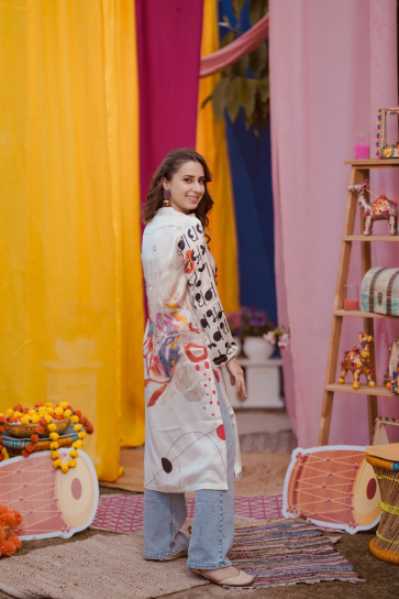 The Boozy Button Scribble Cream Cotton Silk Long Kurta