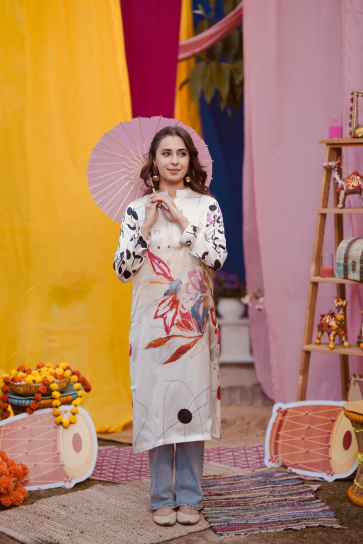 The Boozy Button Scribble Cream Cotton Silk Long Kurta Plus Size