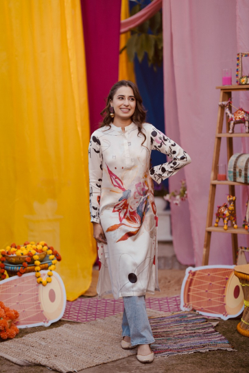 The Boozy Button Scribble Cream Cotton Silk Long Kurta Plus Size