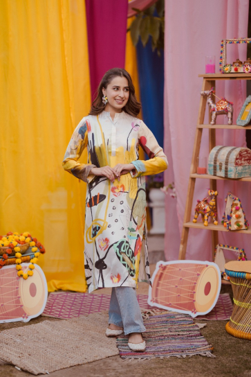 The Boozy Button Vibe Check Cream Cotton Silk Long Kurta