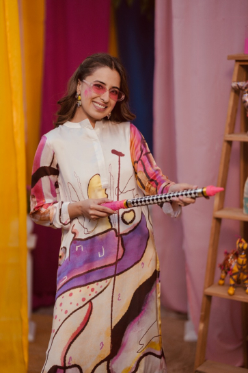 The Boozy Button Trouble Cream Cotton Silk Long Kurta