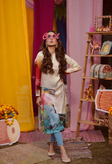 The Boozy Button Buddy Cream Cotton Silk Kurta plus Size