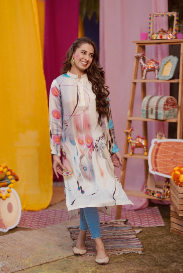 The Boozy Button Lowkey Cream Cotton Silk Long Kurta Plus Size