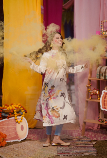 The Boozy Button Cheat Sheet Cream Cotton Silk Long Kurta