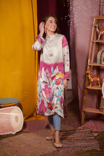 The Boozy Button Woke Pink Cotton Silk Long Kurta