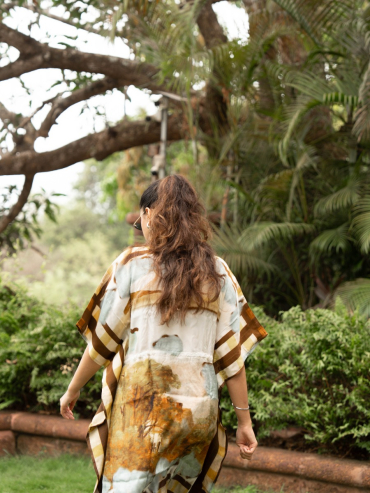 THE BOOZY BUTTON KITAAB BROWN COTTON SILK SHORT KAFTAN