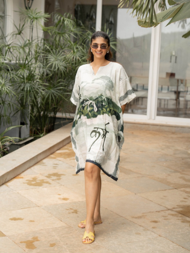 THE BOOZY BUTTON KARM GREEN COTTON SILK SHORT KAFTAN