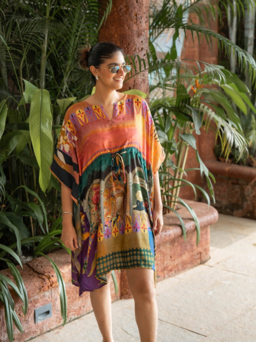 THE BOOZY BUTTON KASHNI ORANGE COTTON SILK SHORT KAFTAN