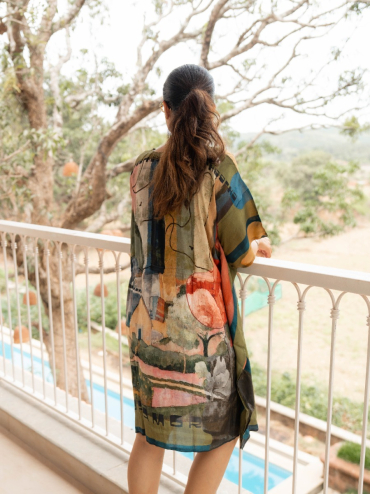 THE BOOZY BUTTON SAJNA BLUE COTTON SILK SHORT KAFTAN