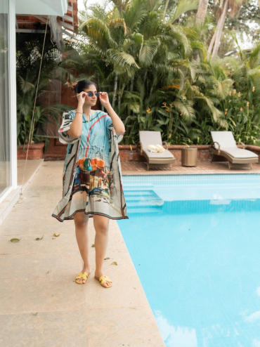 THE BOOZY BUTTON NASHA BLUE COTTON SILK SHORT KAFTAN