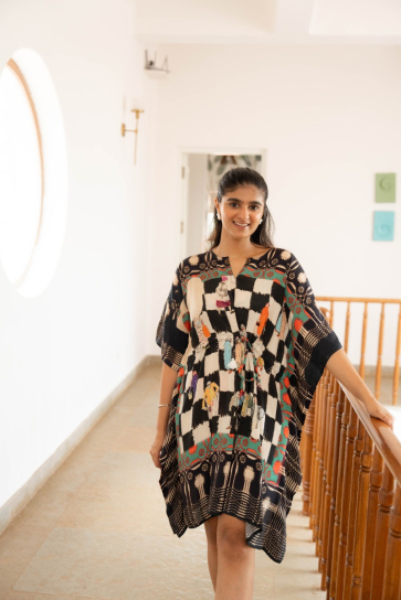 THE BOOZY BUTTON KHAYAAL BLACK COTTON SILK SHORT KAFTAN