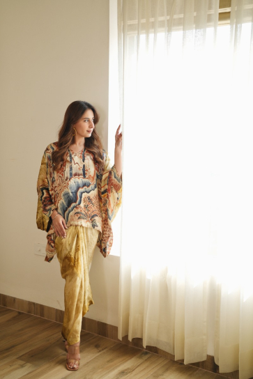 the boozy button Toasty yellow silk Drape skirt and top