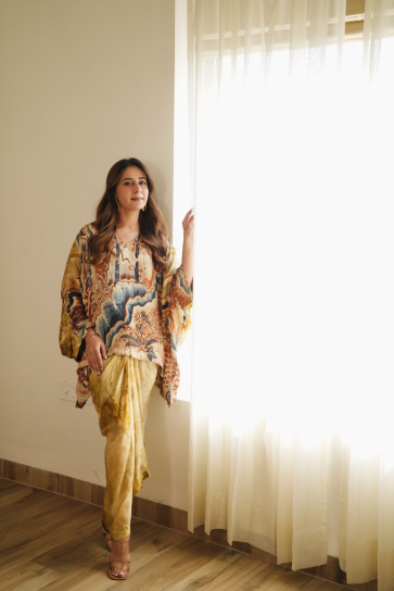 the boozy button Toasty yellow silk Drape skirt and top