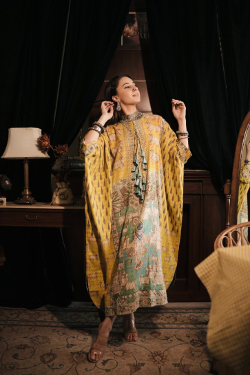 The Boozy Button Vishnu Yellow Banarasi Cotton Kaftan Kurta Dress