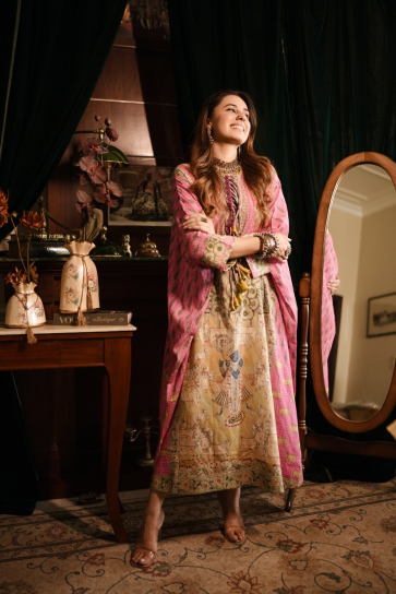 The Boozy Button Vishnu Pink Banarasi Cotton Kaftan Kurta Dress