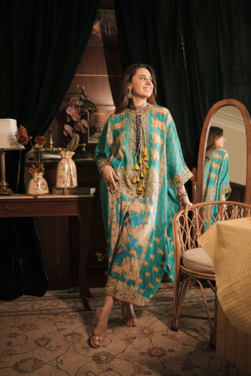 The Boozy Button Vishnu Blue Banarasi Cotton Kaftan Kurta Dress 