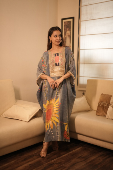 The Boozy Button Sunflower Denim Blue Cotton Silk Kaftan Dress