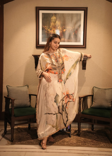 The Boozy Button Chashni White Silk Kaftan Dress