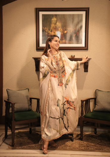 The Boozy Button Chashni White Silk Kaftan Dress