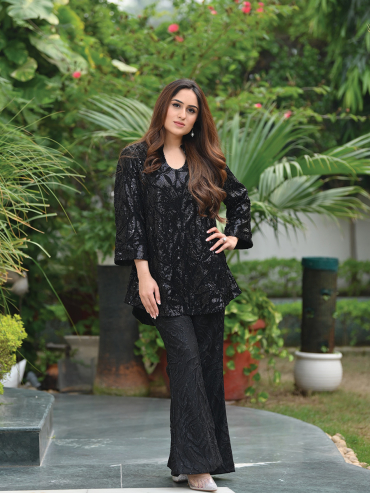 The Boozy Button Alicia Black Studded Handwork Cape Set