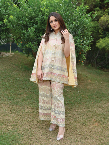 The Boozy Button Selena Cream Studded Handwork Cape Set