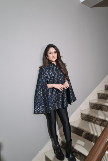 The Boozy Button Kunwar Sa Blue Velvet Cape Set