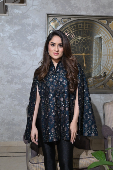 The Boozy Button Kunwar Sa Blue Velvet Cape Set