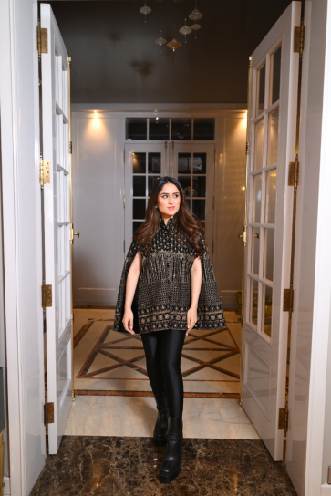 The Boozy Button Khamma Ghani Black Velvet Cape Set