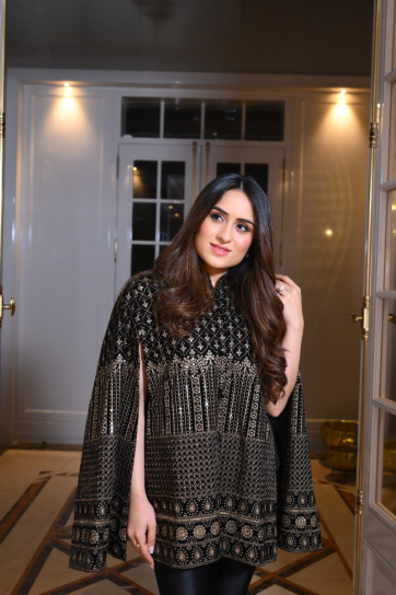 The Boozy Button Khamma Ghani Black Velvet Cape Set