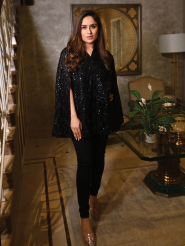 The Boozy Button Beyonce Black Studded Handwork Cape Set