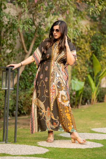 The Boozy Button Tokyo Brown Cotton Silk Long Kaftan