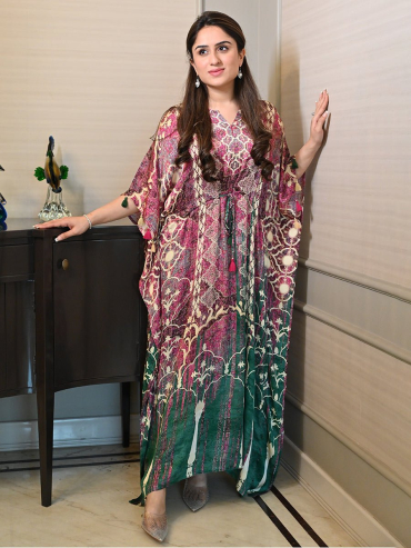 The Boozy Button Emperor Green Cotton Silk Long Kaftan