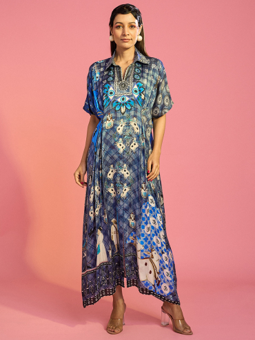 The Boozy Button Evil Eye Blue Satin Silk Long Kaftan