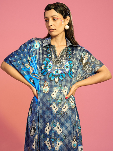 The Boozy Button Evil Eye Blue Satin Silk Long Kaftan