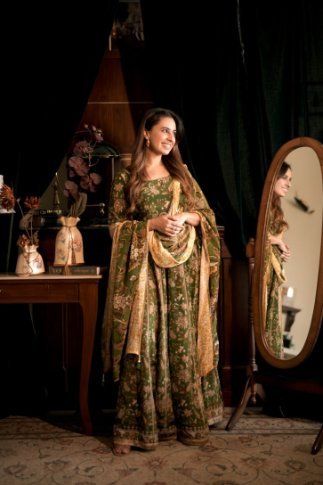 The Boozy Button Gabri Green cotton silk lehenga blouse dupatta 