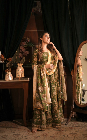 The Boozy Button Gabri Green cotton silk lehenga blouse dupatta 