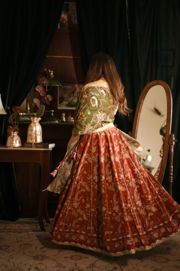 The Boozy Button Garba Red cotton silk lehenga blouse dupatta