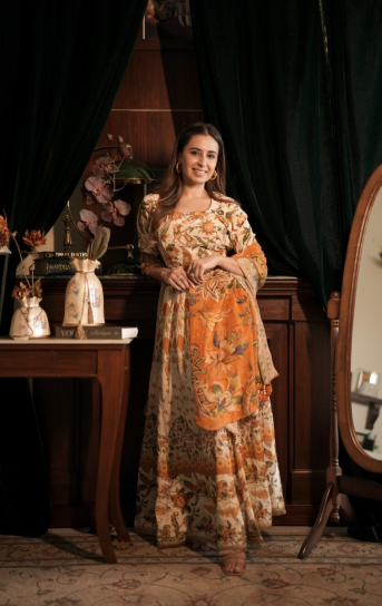 The Boozy Button Garba Yellow cotton silk lehenga blouse dupatta